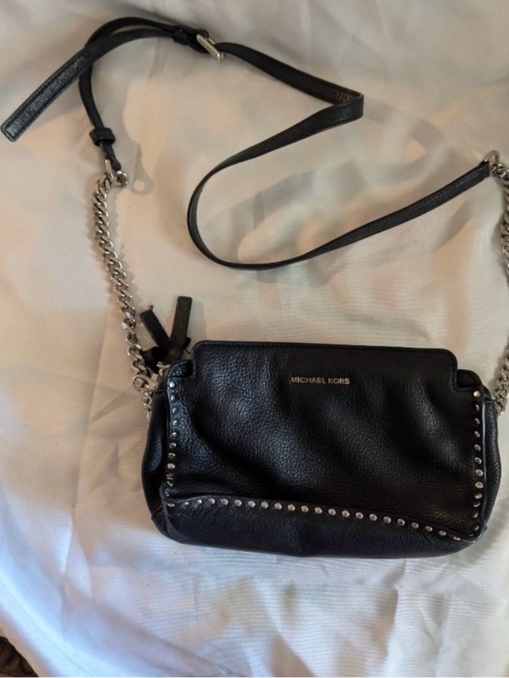Michael Kors Black Leather Crossbody Bag with Silver Chain